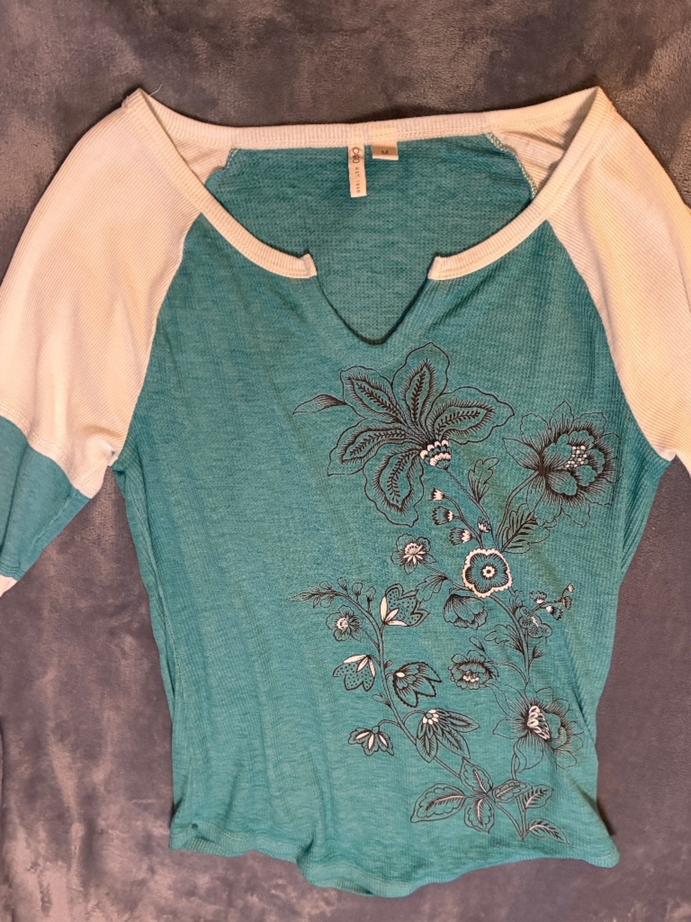 Cato Women's Medium Teal Floral Color-Block 3/4 Sleeve Top